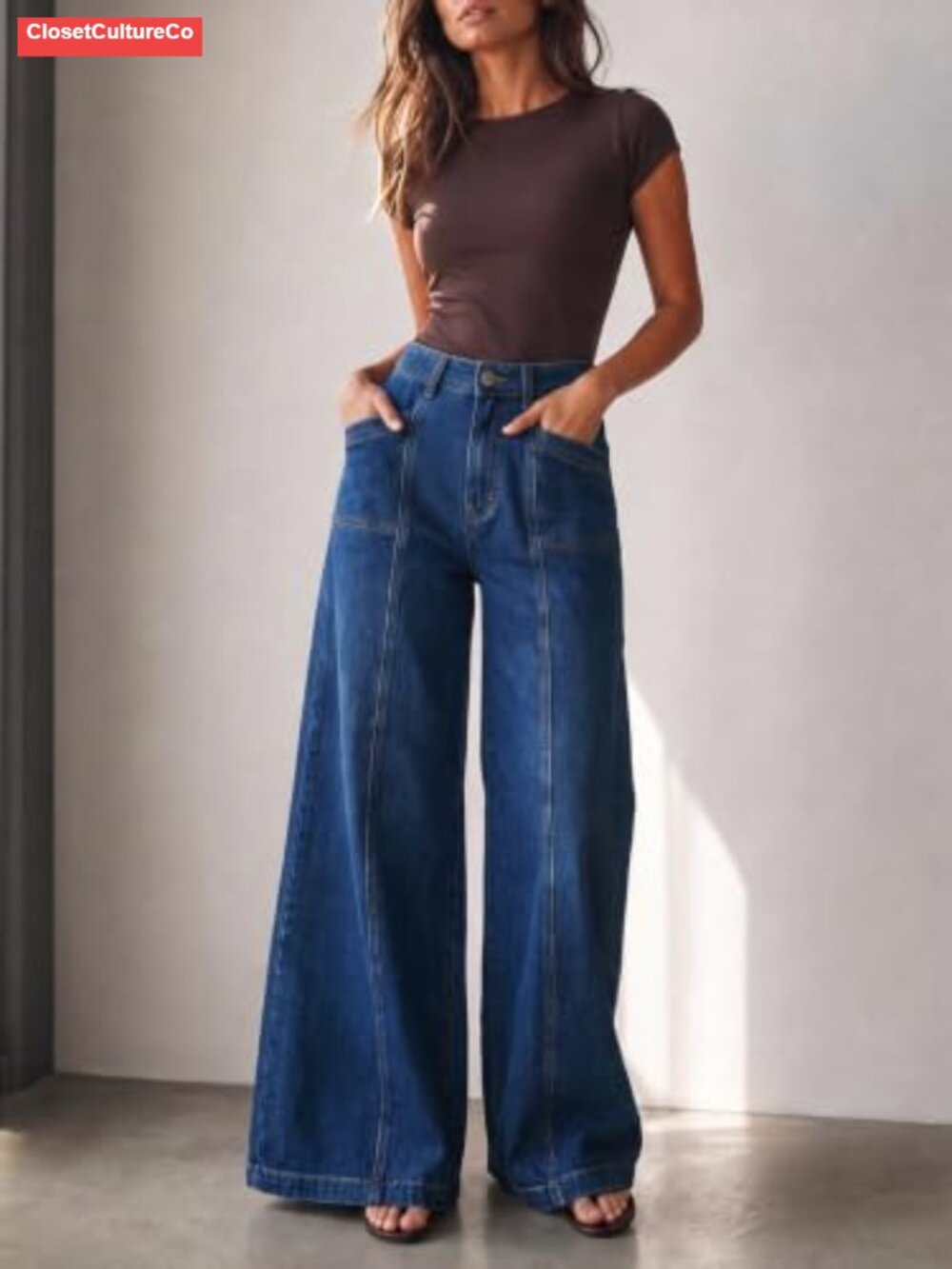 High Rise Wide Leg Stretch Denim Jeans Seam Front Women - Picture 3 of 6